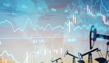 Oil rig icons against a dark blue chart showing oil prices climbing