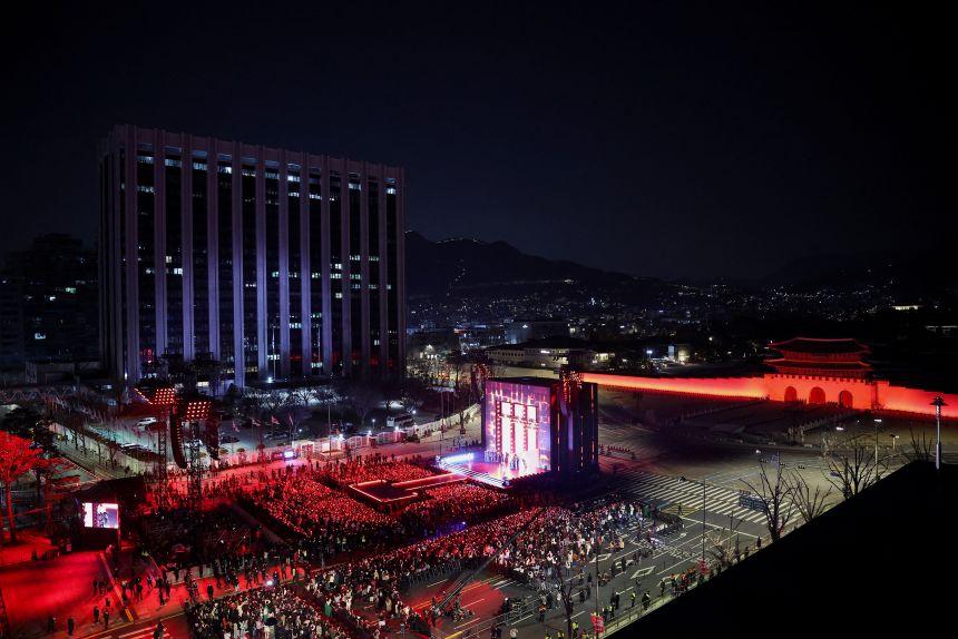 The stage for BTS' comeback concert at Gwanghwamun Square. The extravaganza is expected to be watched by hundreds of thousands of fans attending and millions online.