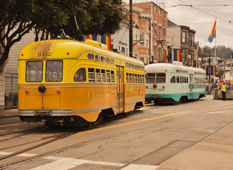 Two vintage streetcars, one yellow and one turquoise, travel along city tracks lined with rainbow flags, trees, and historic buildings on an overcast day.