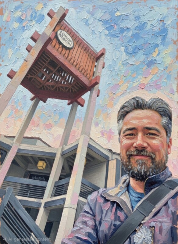 A man with a beard and grey hair smiles for a selfie in front of a tall modern clock tower, with a textured sky background resembling an oil painting. The image is stylized and vibrant.