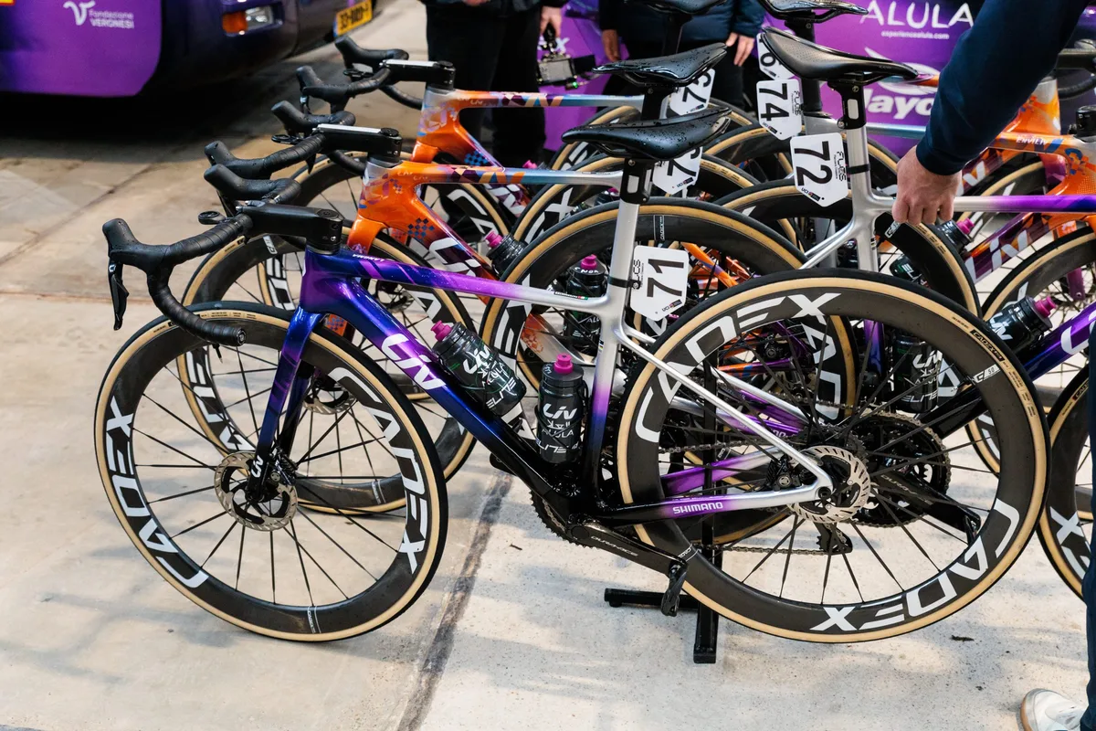 Liv AlUla Jayco team bikes at 2026 Omloop Het Nieuwsblad