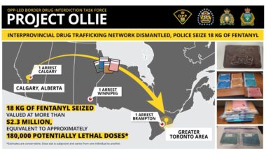 OPP officers during a drug seizure operation in Brampton, showcasing law enforcement efforts against fentanyl trafficking.