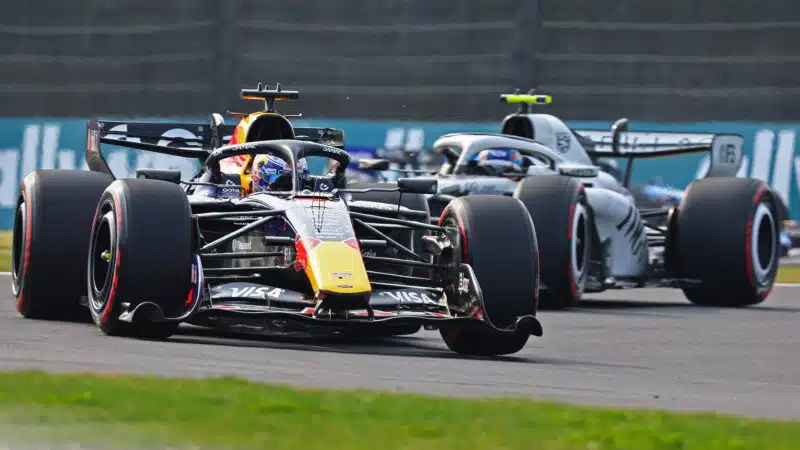 Max Verstappen (Red Bull-Ford) leads Valtteri Bottas (Cadillac-Ferrari) during qualifying for the 2026 Japanese Grand Prix