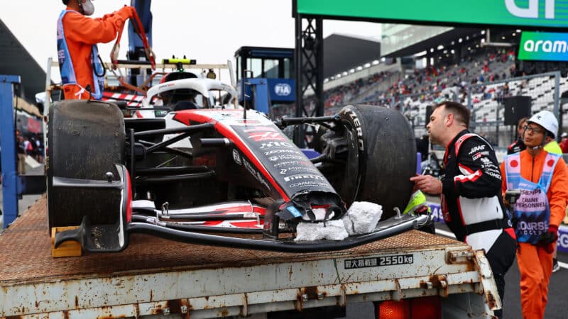 Oliver Bearman´s Haas-Ferrari after crash in the 2026 Japanese Grand Prix