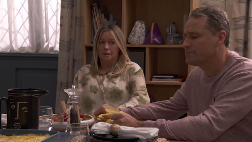 hollyoaks diane tony hutchinson dining scene with two individuals at a table