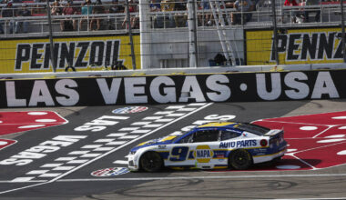 Driver Chase Elliott (9) competes during the Pennzoil 400 NASCAR Cup Series race at Las Vegas M ...