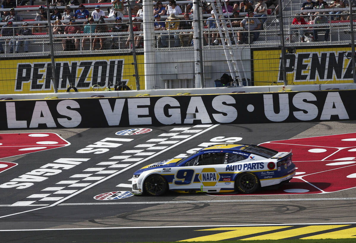 Driver Chase Elliott (9) competes during the Pennzoil 400 NASCAR Cup Series race at Las Vegas M ...