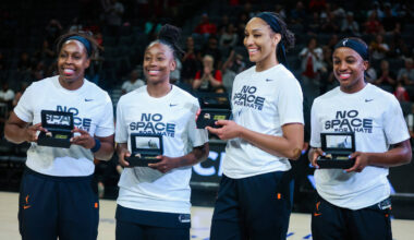 Aces teammates Chelsea Gray, from left, Jewell Loyd, A'ja Wilson and Jackie Young (0) are ...