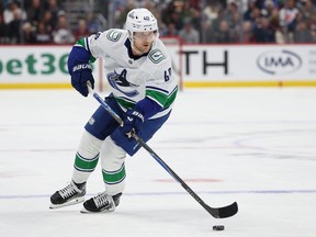 Elias Pettersson #40 of the Vancouver Canucks plays the Colorado Avalanche in the first period at Ball Arena on December 02, 2025 in Denver, Colorado.