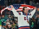 Charlie McAvoy of Team USA celebrates following the gold medal game overtime win over Canada at the Milano Santagiulia Ice Hockey Arena on Feb. 22, 2026 in Milan, Italy.