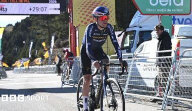 Tom Pidcock crosses the line after Friday's fifth stage