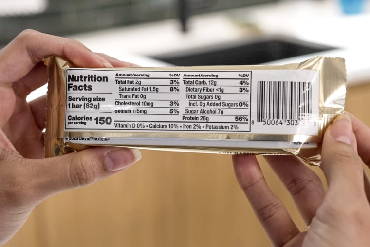 The Nutrition Facts of a David Protein blueberry pie flavored bar.
