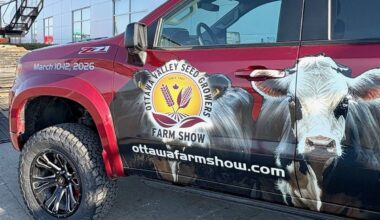 Pickup truck customized with promotion for the 2026 Ottawa Valley Farm Show.