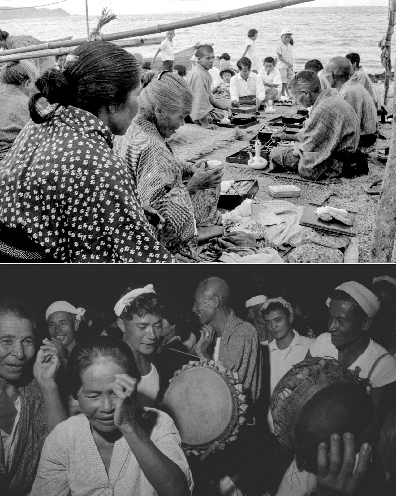 The hamaori festival at Inokawa on Tokunoshima is a ritual to thank ancestors for the harvest. In the seventh month according to the lunisolar calendar, people partake of food and drink on the shore before going around the district performing the Natsume Odori dance all night long. (© Haga Hideo)