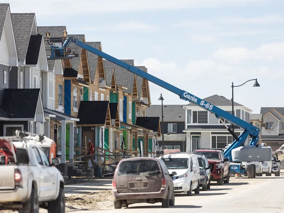  Rows of new homes under construction are shown in the new Homestead neighbourhood on the northeast edge of Calgary on Monday, April 15, 2024.