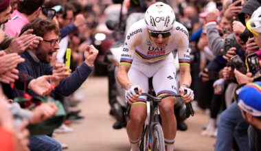 SIENA, ITALY - MARCH 07: Tadej Pogacar of Slovenia and UAE Team Emirates - XRG compete in the breakaway during the 20th Strade Bianche 2026 a 203km one day race from Siena to Siena / #UCIWT / on March 07, 2026 in Siena, Italy. (Photo by Tim de Waele/Getty Images)