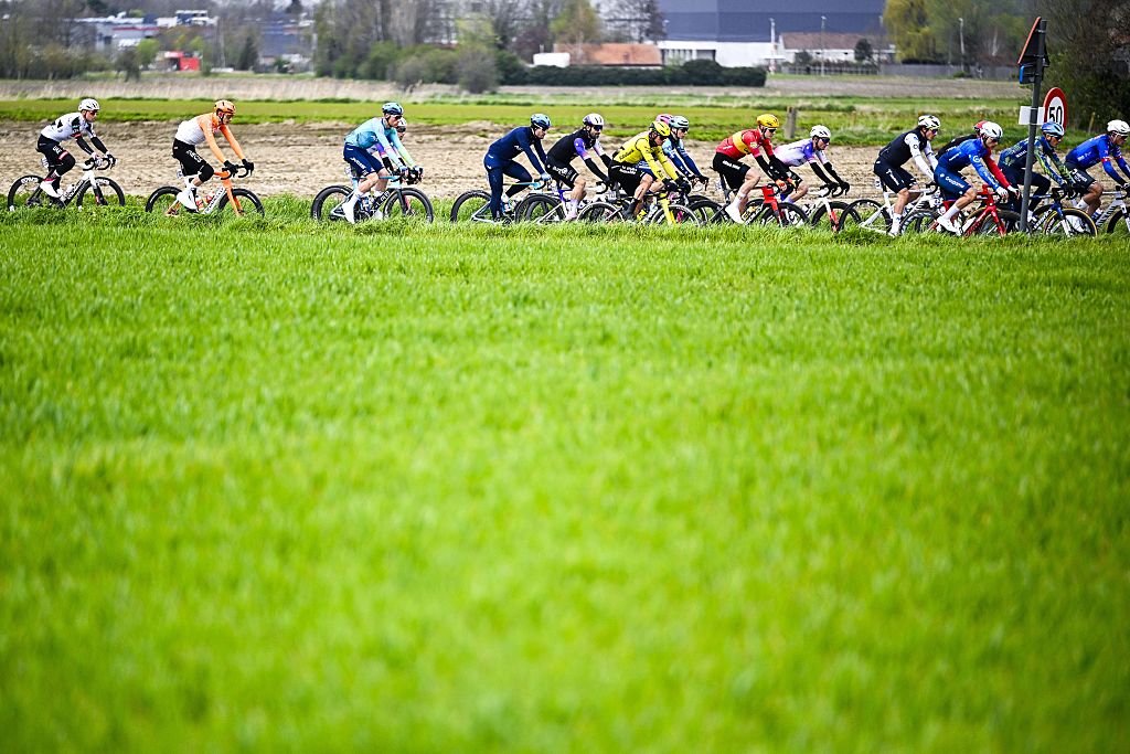 The peloton pictured in action during the 'E3 Saxo Bank Classic' one day cycling race, 208,8km from and to Harelbeke, on Friday 27 March 2026. BELGA PHOTO JASPER JACOBS (Photo by JASPER JACOBS / BELGA MAG / Belga via AFP)