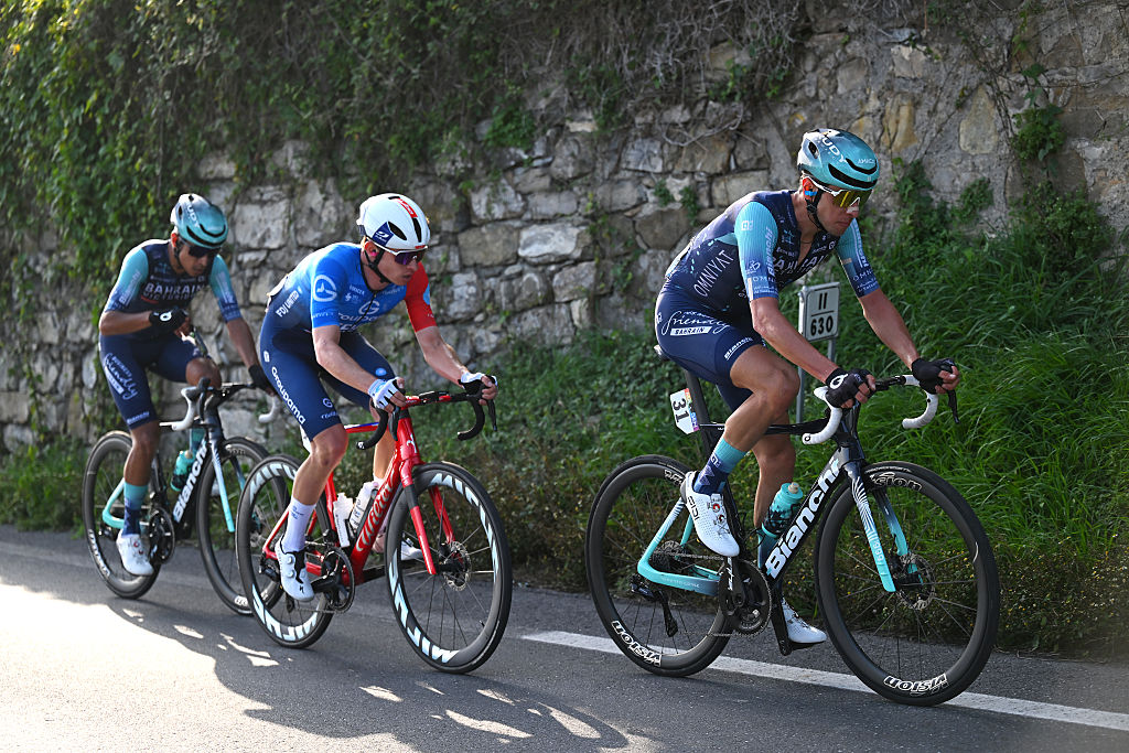 LAIGUEGLIA, ITALY - MARCH 04: (L-R) Santiago Buitrago of Colombia and Team Bahrain - Victorious, Romain Gregoire of France and Team Groupama - FDJ United and Antonio Tiberi of Italy and Team Bahrain - Victorious compete in the breakaway during the 63rd Trofeo Laigueglia 2026 a 192km one day race from Albenga to Laigueglia on March 04, 2026 in ALaigueglia, Italy. (Photo by Tim de Waele/Getty Images)
