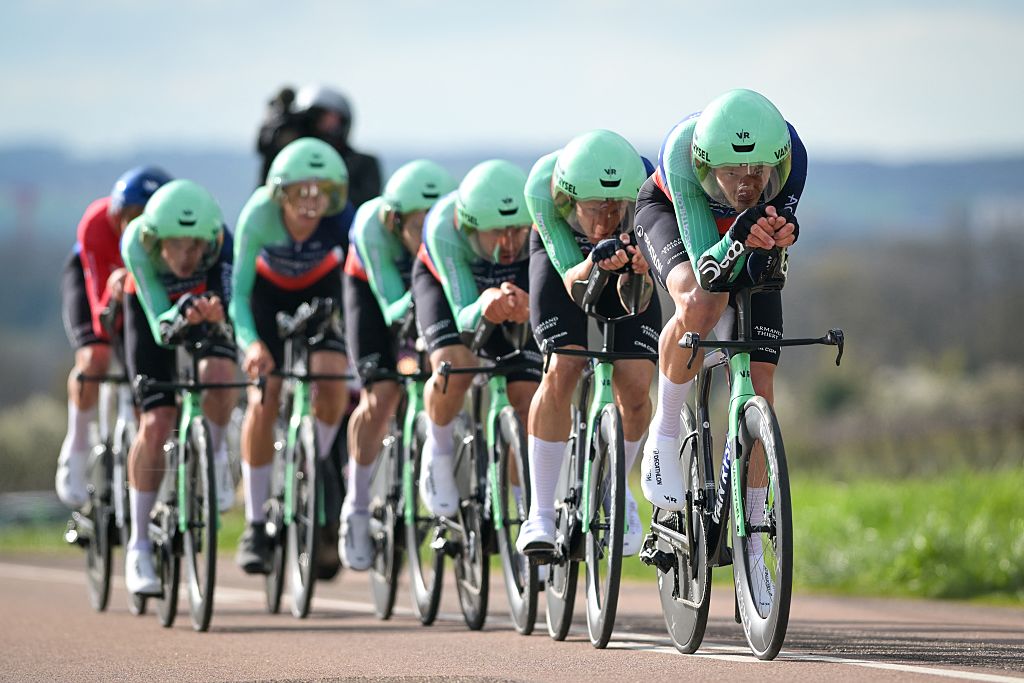 Decathlon CMA CGM Team riders pictured in action during the third stage of 84th edition of the Paris-Nice cycling race, a team time trial from Cosne-Cours-sur-Loire to Pouilly-sur-Loire (23,5 km), on Tuesday 10 March 2026. BELGA PHOTO DAVID PINTENS (Photo by DAVID PINTENS / BELGA MAG / Belga via AFP)