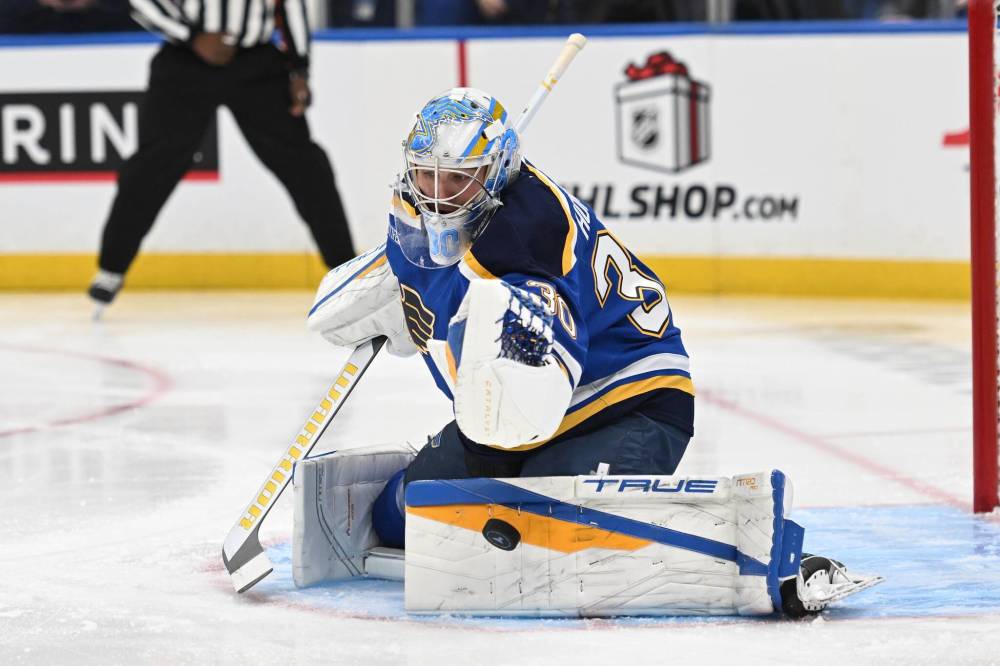 JOE PUETZ / THE ASSOCIATED PRESS FILES
St. Louis Blues goaltender Joel Hofer blocks a shot from the Winnipeg Jets during the first period of a game on Wednesday, Dec. 17, 2025, in St. Louis.
