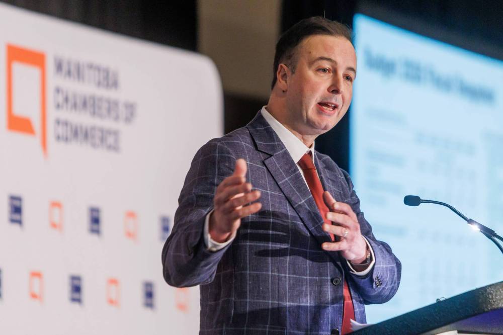 MIKE DEAL / FREE PRESS
Finance Minister Adrien Sala speaks during the Manitoba Chambers of Commerce provincial budget review event at the RBC Convention Centre in Winnipeg on Wednesday morning.