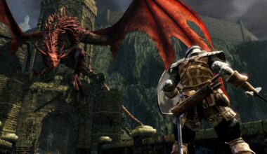 A knight fights a dragon in a dark castle.