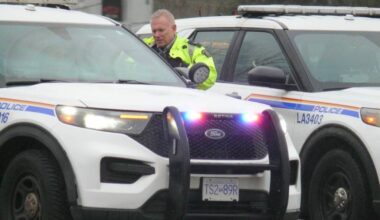 Langley RCMP officers on scene at a collision in January of 2026. (Dan Ferguson/Black Press Media)