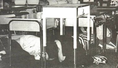 &ldquo;Earthquake drill: Students in Honeymoon Bay Elementary School hide under their desks, Wednesday morning, moments after the earthquake struck. The drill is standard procedure in the event of an earthquake. Many in the school, including these students, didn&rsquo;t feel the earthquake, while others did.&rdquo; (Lake Cowichan Gazette, (March 7, 2001)