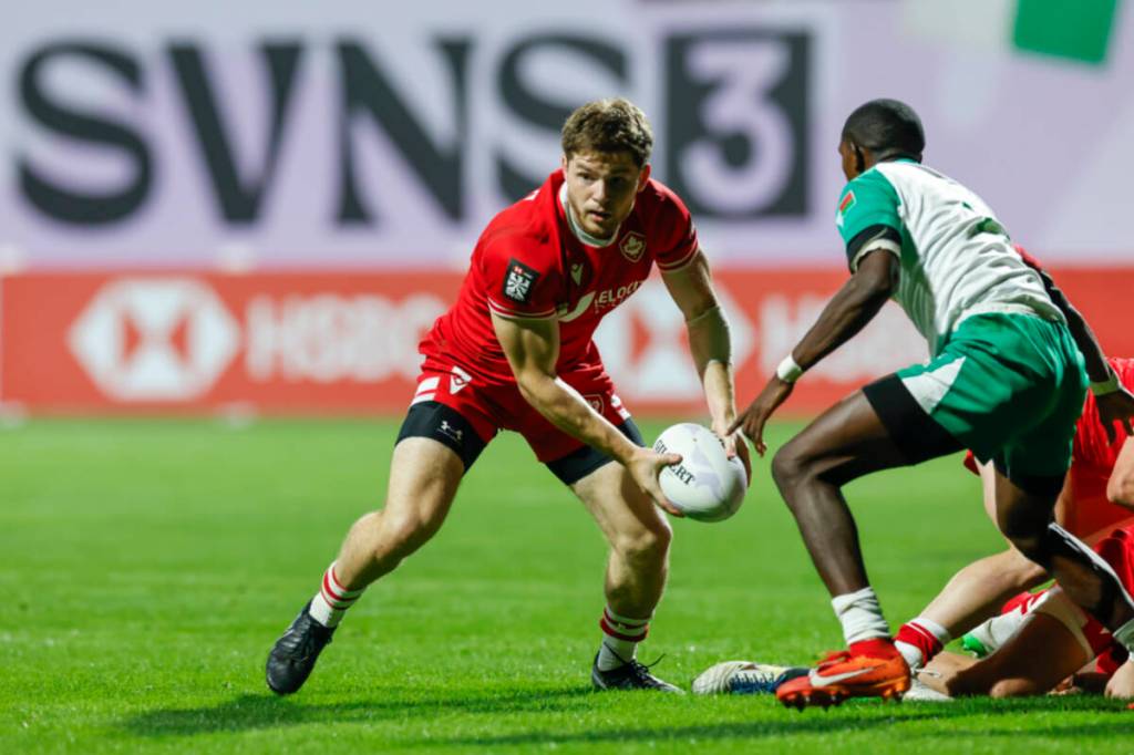 Ethan Turner playing for Canada in Dubai, as they beat Madagascar in a men&rsquo;s Pool B match at the Dubai 7s 2026 HSBC SVNS 3 tournament. (Rugby Canada/Special to The News)