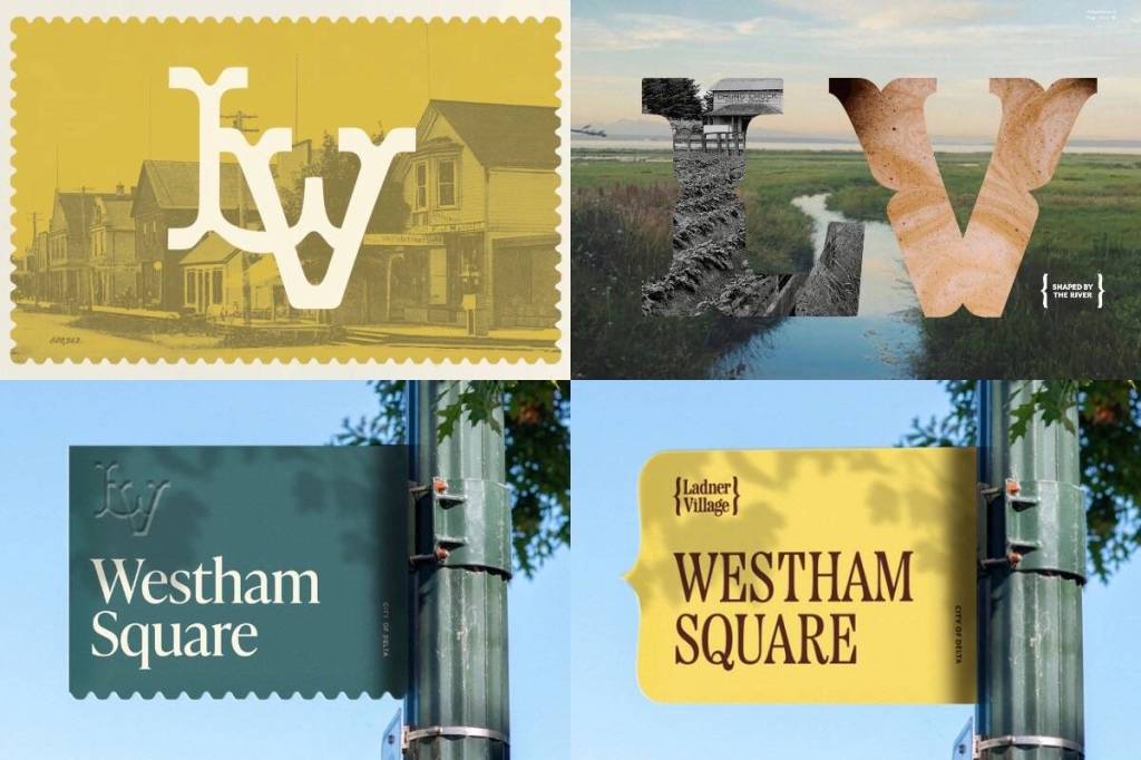 The City of Delta is asking for public feedback on two new brand concepts for Ladner Village, &ldquo;Layers Over Time&rdquo; (left) and &ldquo;Flow and Connection&rdquo; (right), unified by the brand idea &ldquo;Shaped by the River,&rdquo; as part of the broader revitalization efforts in the neighbourhood. (City of Delta images)