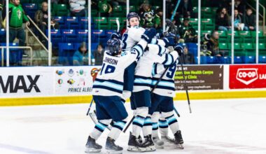 The Penticton Vees celebrate in Prince Albert after winning 3-2 in a shootout and setting the new CHL expansion wins record on Feb. 27, 2026. (Photo: Mark Peterson)