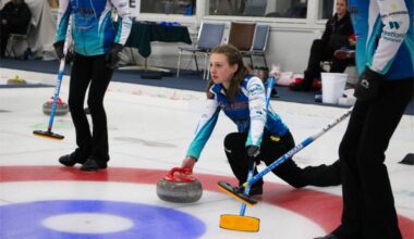 Zone 6 Vancouver Island-Central Coast captured the gold medal in an exciting 7-5 victory over Zone 3 Fraser Valley (above) in the women&rsquo;s curling final. (Jim Bailey/Trail Times)