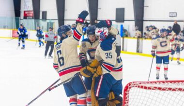 Cloverdale HC players celebrate a victory over the Abbotsford Pilots Feb.22 at The Barn. The win gave Cloverdale a 3-1 lead in the series. The expansion squad went on to win the series, it&rsquo;s first on franchise history, 4-2. Now they face the White Rock Whalers in the second round of the PJHL playoffs. (Photo: Jason Sveinson/Cloverdale Reporter)
