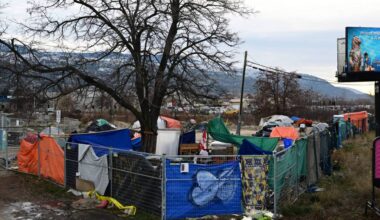 The encampment at Fairview Avenue and Highway 97 in Penticton has been a driver of conversations and concerns throughout 2025. (Brennan Phillips / Western News)
