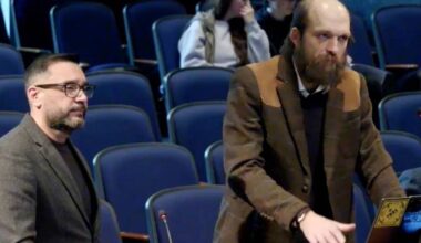 Sebastian Sajda (podium) and Tauseef Wairaich of Surrey&rsquo;s Environment and Climate Change Committee presenting before council-in-committee. (Screen shot)