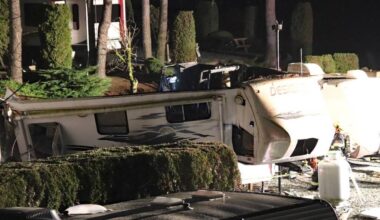 A woman was airlifted to hospital following an explosion and fire at a trailer in an RV park in west Abbotsford on Monday night (March 2). (1st Due Media photo)
