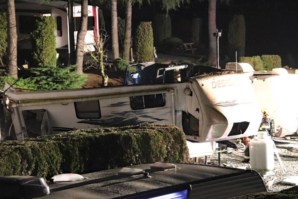 A woman was airlifted to hospital following an explosion and fire at a trailer in an RV park in west Abbotsford on Monday night (March 2). (1st Due Media photo)