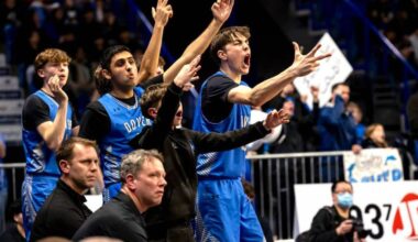 Dover Bay Dolphins players at the 2025 BC School Sports Boys Basketball Provincial Championships at Langley Events Centre. (Contributed/Garrett James, Langley Events Centre photo)