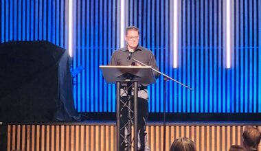 Dean Moore, president of the Cloverdale Business Improvement Association, addresses members and guests during the BIA&rsquo;s AGM Feb. 24 held at the Clova Theatre. (Photo: Malin Jordan)