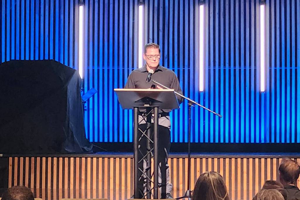 Dean Moore, president of the Cloverdale Business Improvement Association, addresses members and guests during the BIA&rsquo;s AGM Feb. 24 held at the Clova Theatre. (Photo: Malin Jordan)