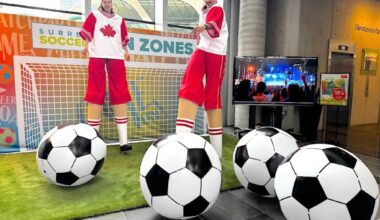 Stilt-walkers play soccer at Surrey City Hall during a launch event for Surrey Soccer Fan Zones planned during the FIFA World Cup soccer tournament in June and July 2026. (Tom Zillich/Surrey Now-Leader photo)