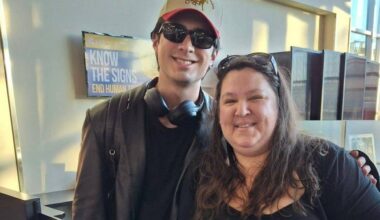 Heated Rivalry star Hudson Williams poses for a snap with View Royal&rsquo;s Jen Emile at Victoria International Airport March 1. (Courtesy of Jen Emile)