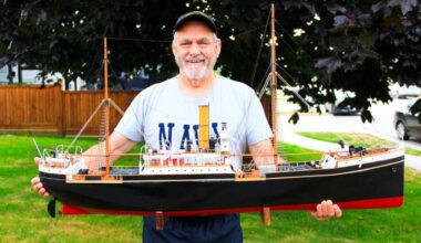 Yvon Lehoux holds a model of the SS Komagata Maru. A neighbour commissioned him to build to the ship. (Photo: Malin Jordan/Cloverdale Reporter)