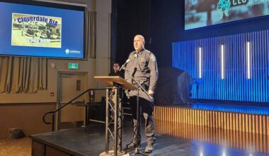Surrey Police Service Inspector Darin Sheppard gives an update on the policing transition to members and guests of the Cloverdale BIA Feb. 24. The SPS is set to take over the entire neighbourhood of Cloverdale (East Surrey) on April 1. (Photo: Malin Jordan/Cloverdale Reporter)
