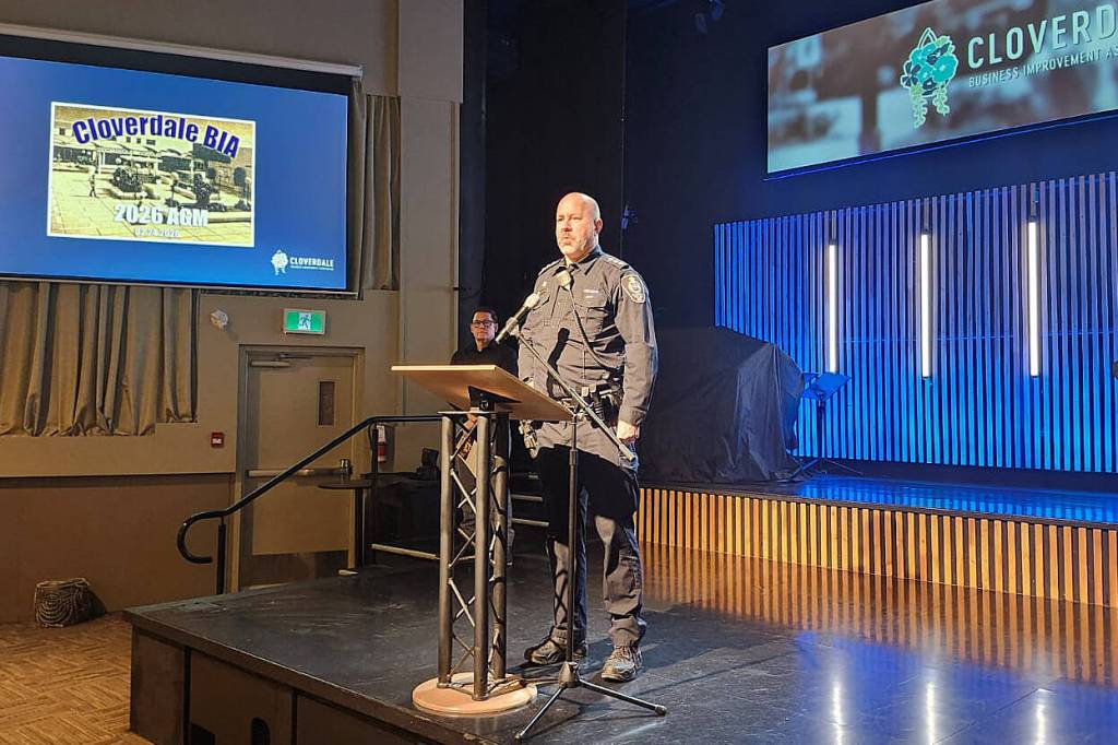 Surrey Police Service Inspector Darin Sheppard gives an update on the policing transition to members and guests of the Cloverdale BIA Feb. 24. The SPS is set to take over the entire neighbourhood of Cloverdale (East Surrey) on April 1. (Photo: Malin Jordan/Cloverdale Reporter)