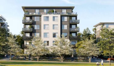 Sketch of a Queens condo development building under construction on King George Boulevard in Newton. (project website photo)