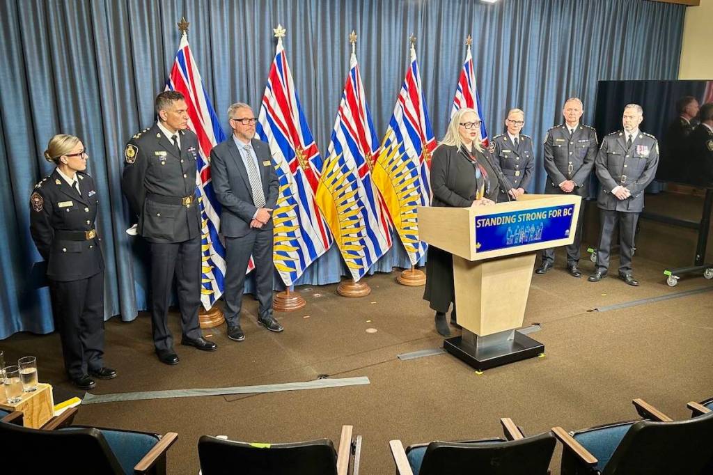 Public Safety Minister Nina Krieger announces the creation of new local police academies in Victoria on Friday, March 6, 2025. (Mark Page/Black Press Media)