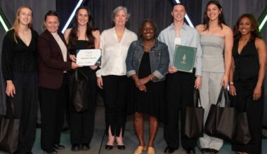 Vancouver Rise FC players and head coach Anja Heiner-Møller pose for a photo with award presenters at the Sport BC Athlete of the Year awards ceremony on March 5, 2026. (Vancouver Rise FC/ Facebook)