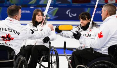 Team Canada and Spallumcheen&rsquo;s Ina Forrest (second from left) opened the wheelchair curling tournament at the Paralympic Winter Games with a close victory Saturday, March 7, 2026. (Canadian Paralympic Committee photo)