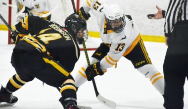 Shawnigan Lake School and BWC Academy battle in U18 Prep action on March 7, 2026, at the CSSHL Western Championships in Penticton. (Logan Lockhart/Western News)